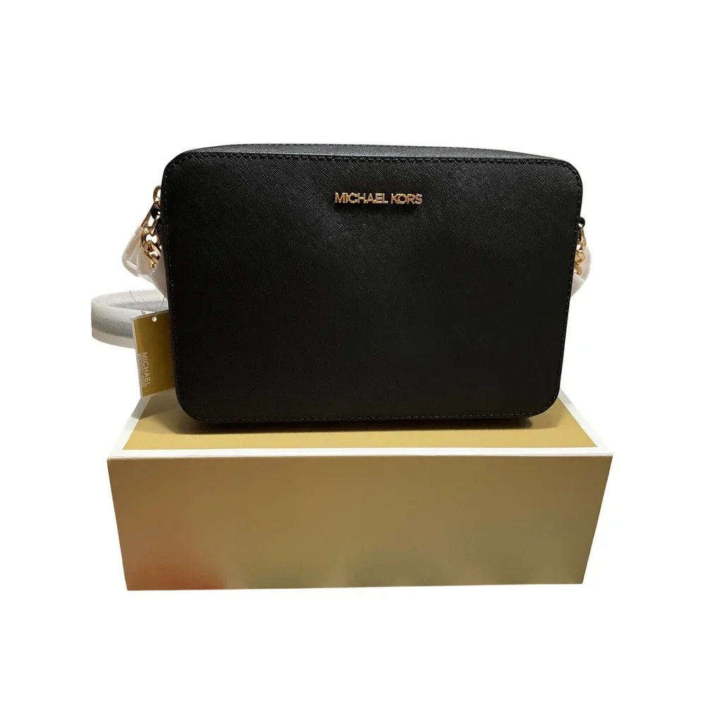 MICHAEL KORS Jet Set Item Medium Saffiano Leather Dome Crossbody Bag Black Gold - Picture 1 of 7